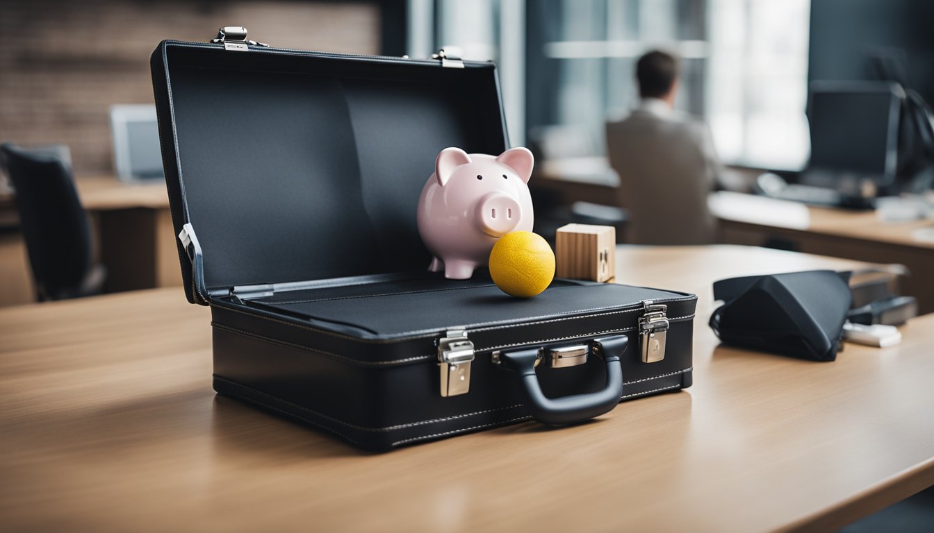 A person juggling work, fitness, and financial goals. Balancing a briefcase, gym bag, and piggy bank. A treadmill and laptop symbolize the pursuit of career and health