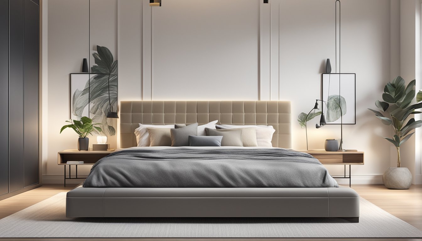 A cozy bedroom with a modern, sleek bed frame supporting a plush, luxurious mattress. Clean lines and neutral colors create a serene atmosphere