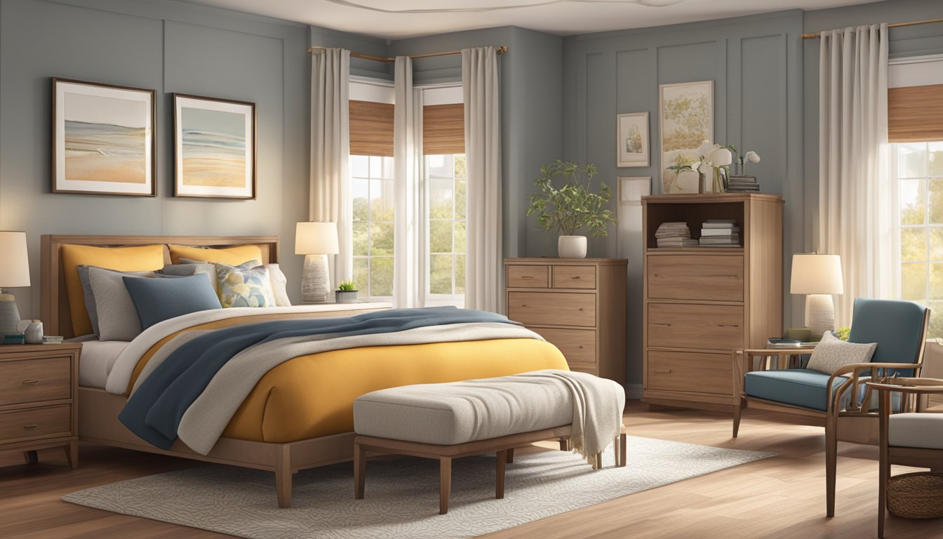 A cozy bedroom with a variety of bed frames displayed, showcasing different styles and materials. A warm, inviting atmosphere with soft lighting and a focus on the details of each frame