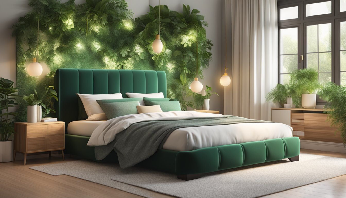 A cozy bedroom with a luxurious mattress and elegant bed frame, surrounded by soft lighting and lush green plants