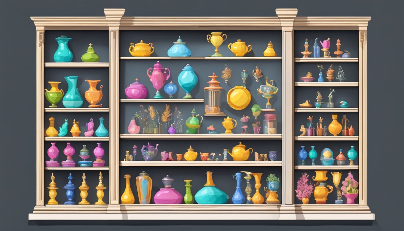 A showcase cabinet filled with colorful trinkets and figurines. Shelves neatly arranged, glass reflecting light