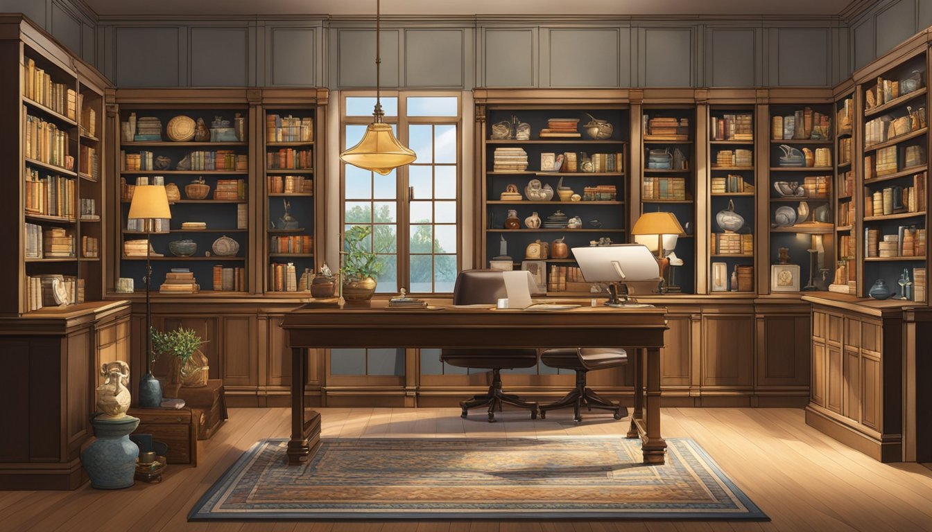 Various items are neatly displayed in the showcase cabinet, including books, vases, and decorative figurines. The lighting highlights the items, creating an inviting and elegant atmosphere