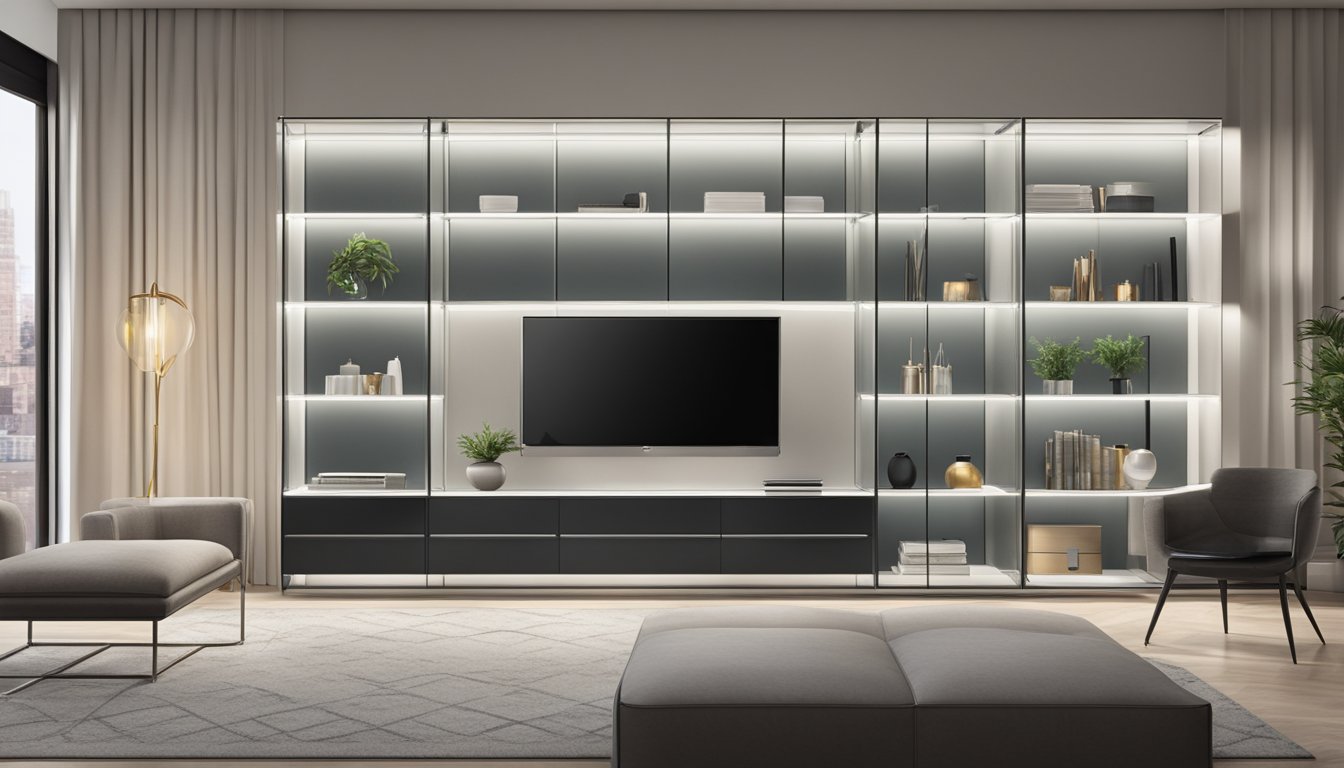 A sleek, modern cabinet with glass doors, adjustable shelves, built-in lighting, and a mirrored back panel