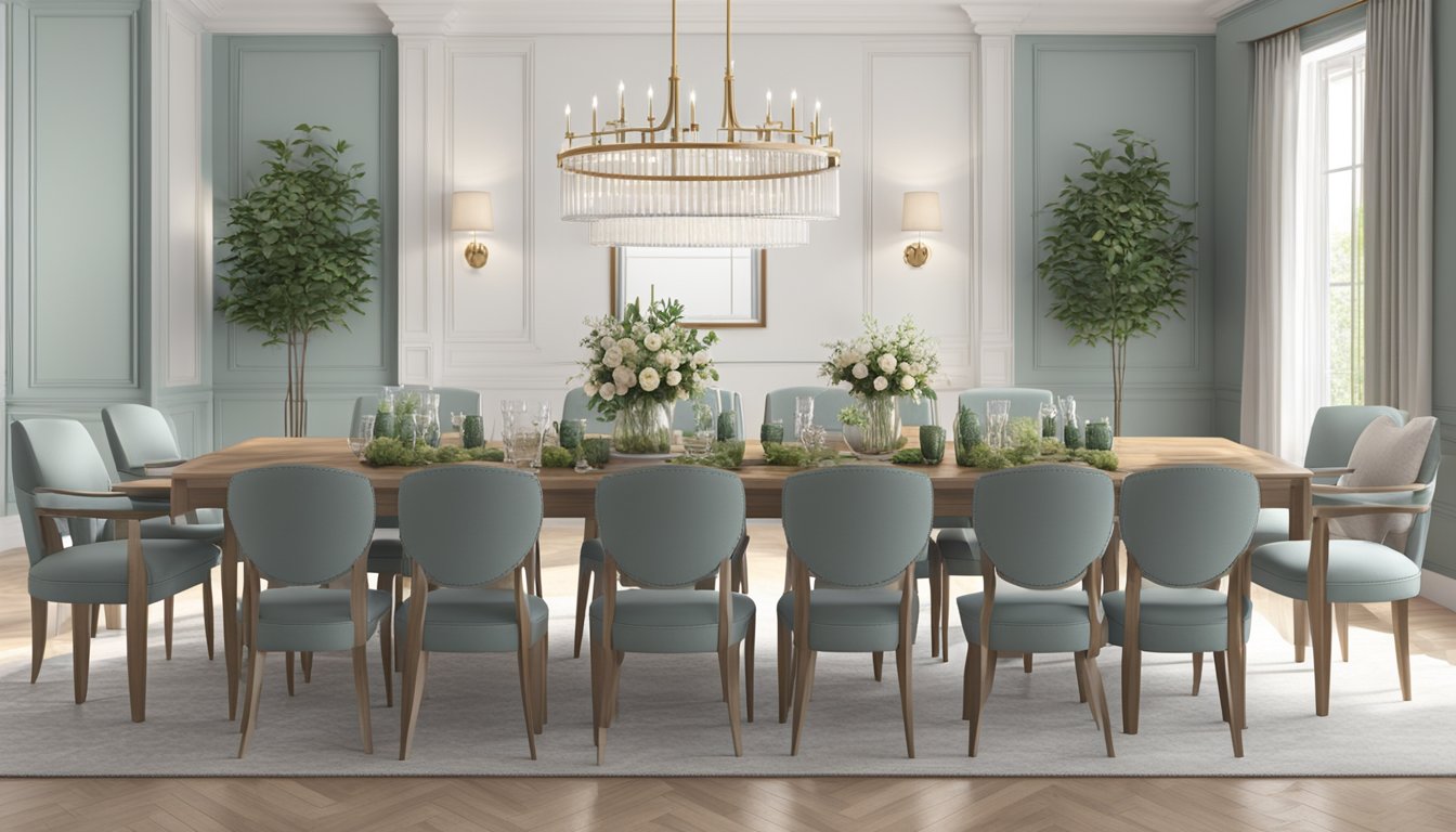 An extendable dining table with seating for 12 is set with elegant place settings and surrounded by comfortable chairs