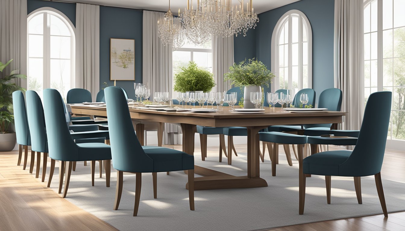 An extendable dining table with seating for 12, surrounded by elegant chairs and set with fine dinnerware