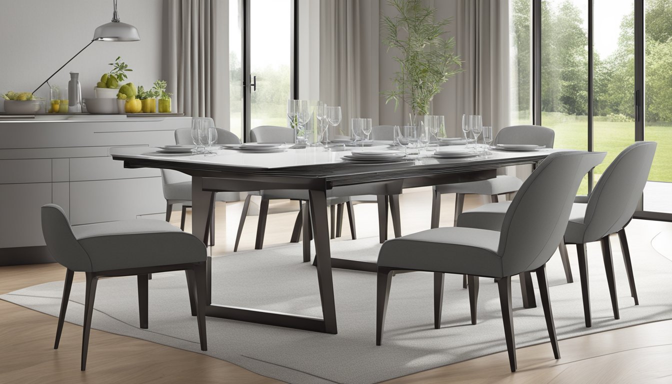 An extendable dining table is set for 12, with sleek lines and modern design, blending functionality and elegance