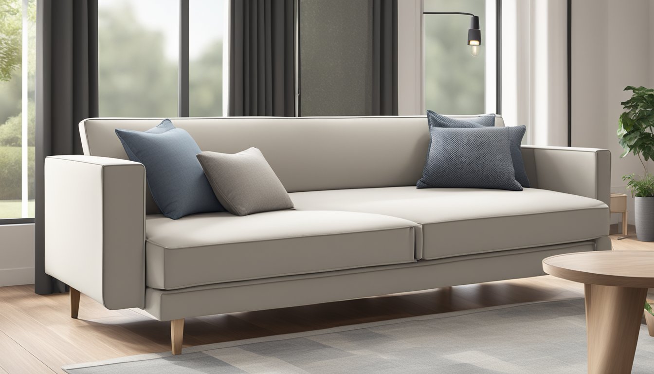 A single sofa bed displayed in a well-lit showroom, with clean, modern lines and a neutral color scheme