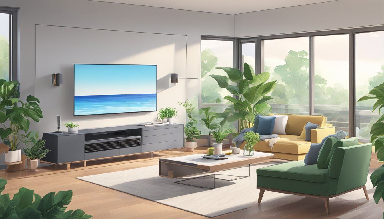 A modern living room with a sleek Panasonic air conditioning system mounted on the wall, surrounded by contemporary furniture and plants