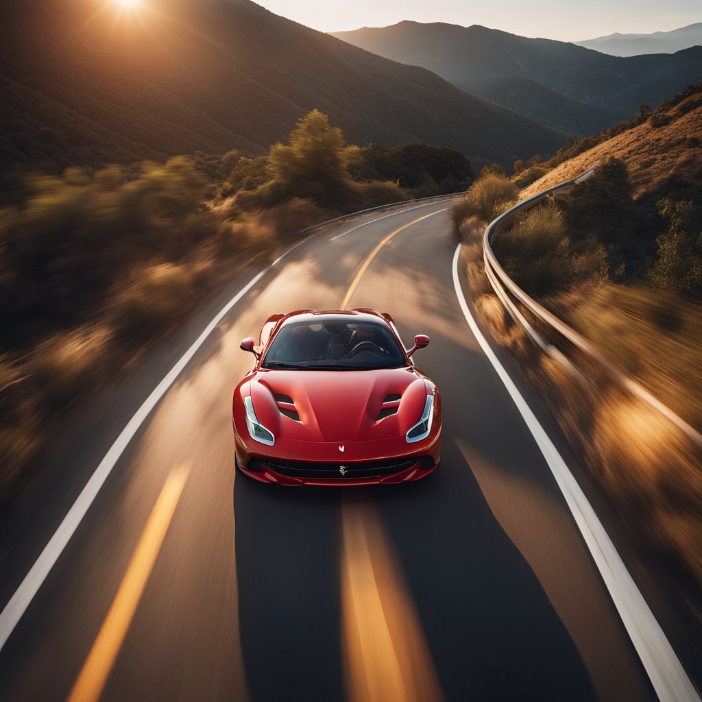 A red Ferrari speeding down a winding mountain road. The sun is setting, casting a warm glow on the sleek, iconic car