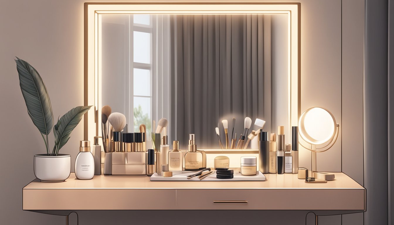 A sleek, cheap dressing table with a mirror sits against a wall, with a few beauty products neatly arranged on its surface. A soft, warm light illuminates the area, creating a cozy and inviting atmosphere
