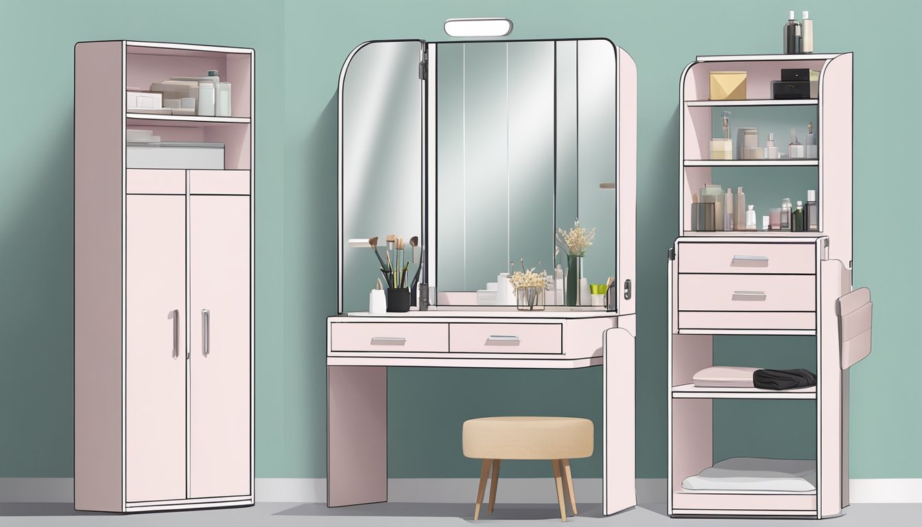 A compact dressing table with a large mirror, multiple storage compartments, and a foldable design for easy assembly and transport