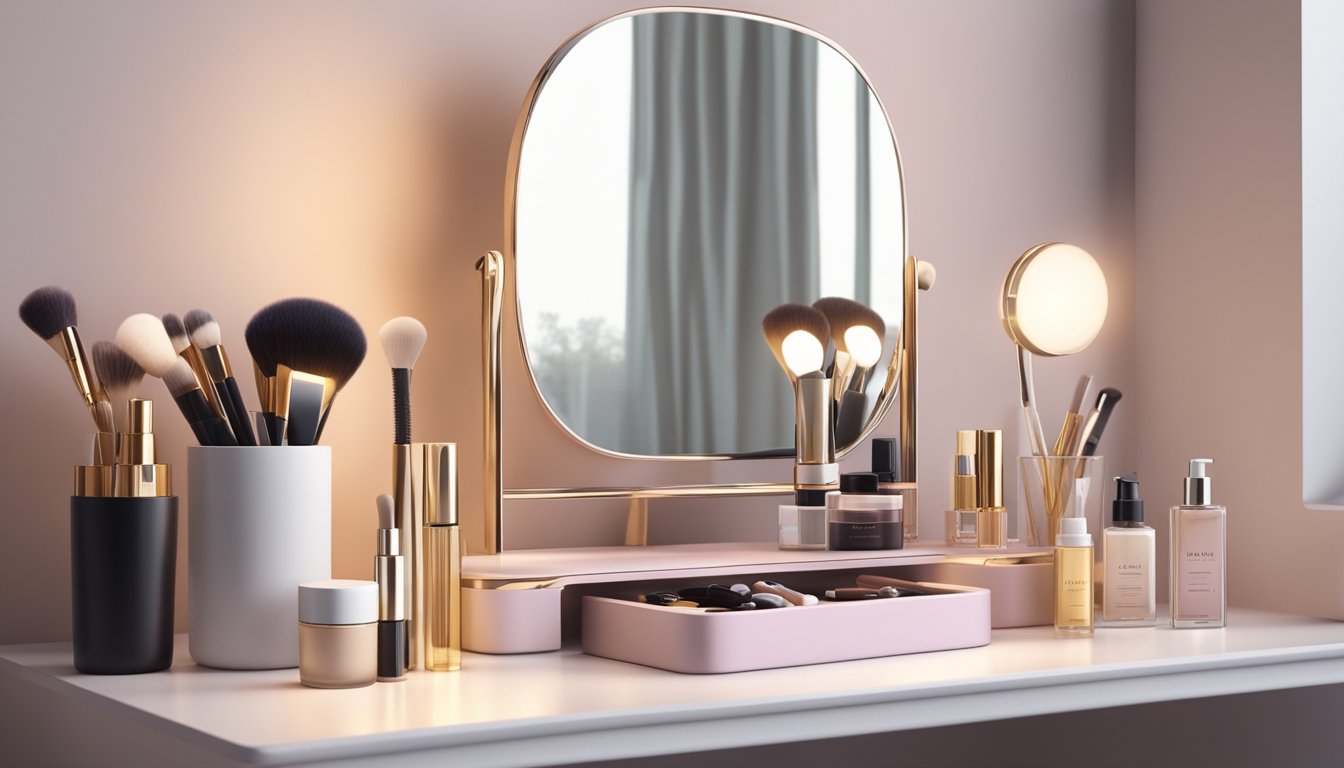 A simple, affordable dressing table with a mirror, surrounded by various beauty products and accessories. The table is placed against a plain wall, with soft lighting illuminating the area