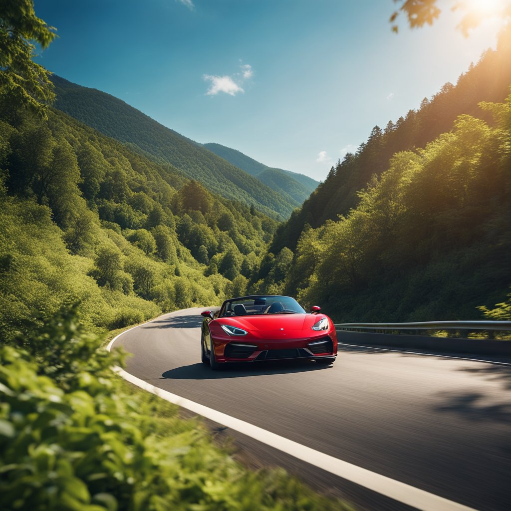 A red sports car speeds down a winding mountain road, surrounded by lush green trees and a clear blue sky