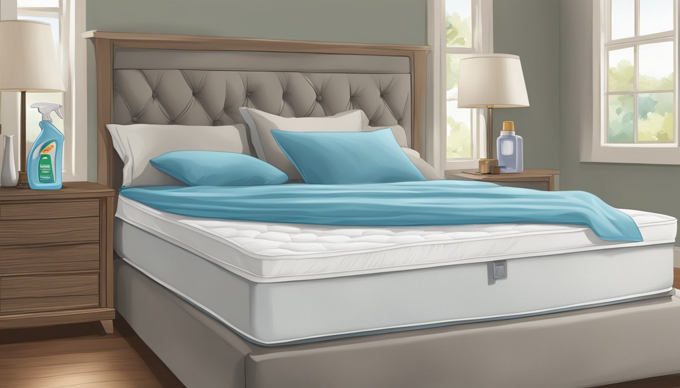 A clear spray bottle dispenses detergent water onto a mattress infested with bed bugs