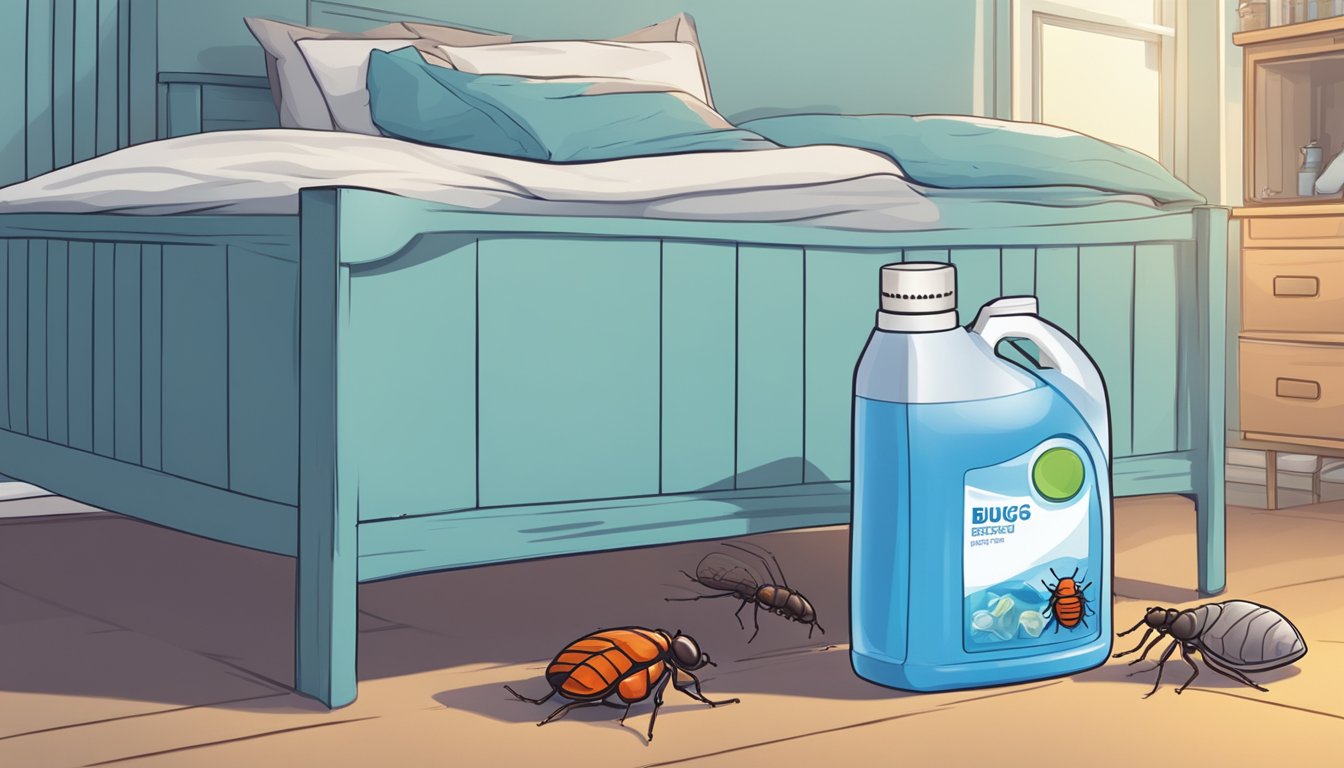 A container of detergent water sits next to a bed, with bed bugs crawling nearby