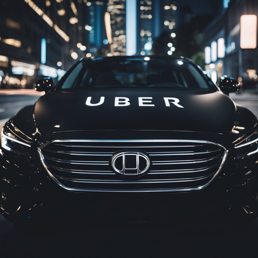 A sleek black car pulls up to the curb, displaying the Uber logo on its windshield