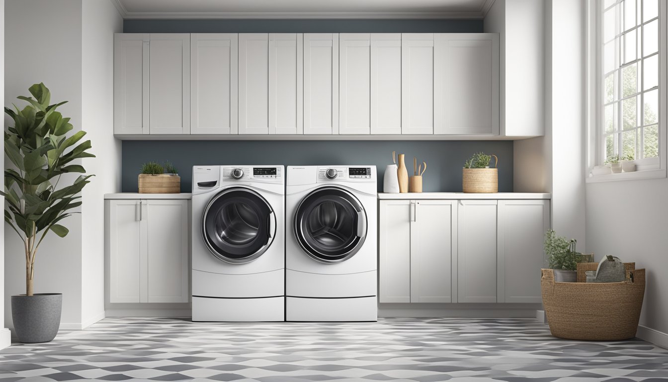 A front load washer, 30 inches wide by 40 inches tall, sits in a bright, modern laundry room with white walls and tile floor