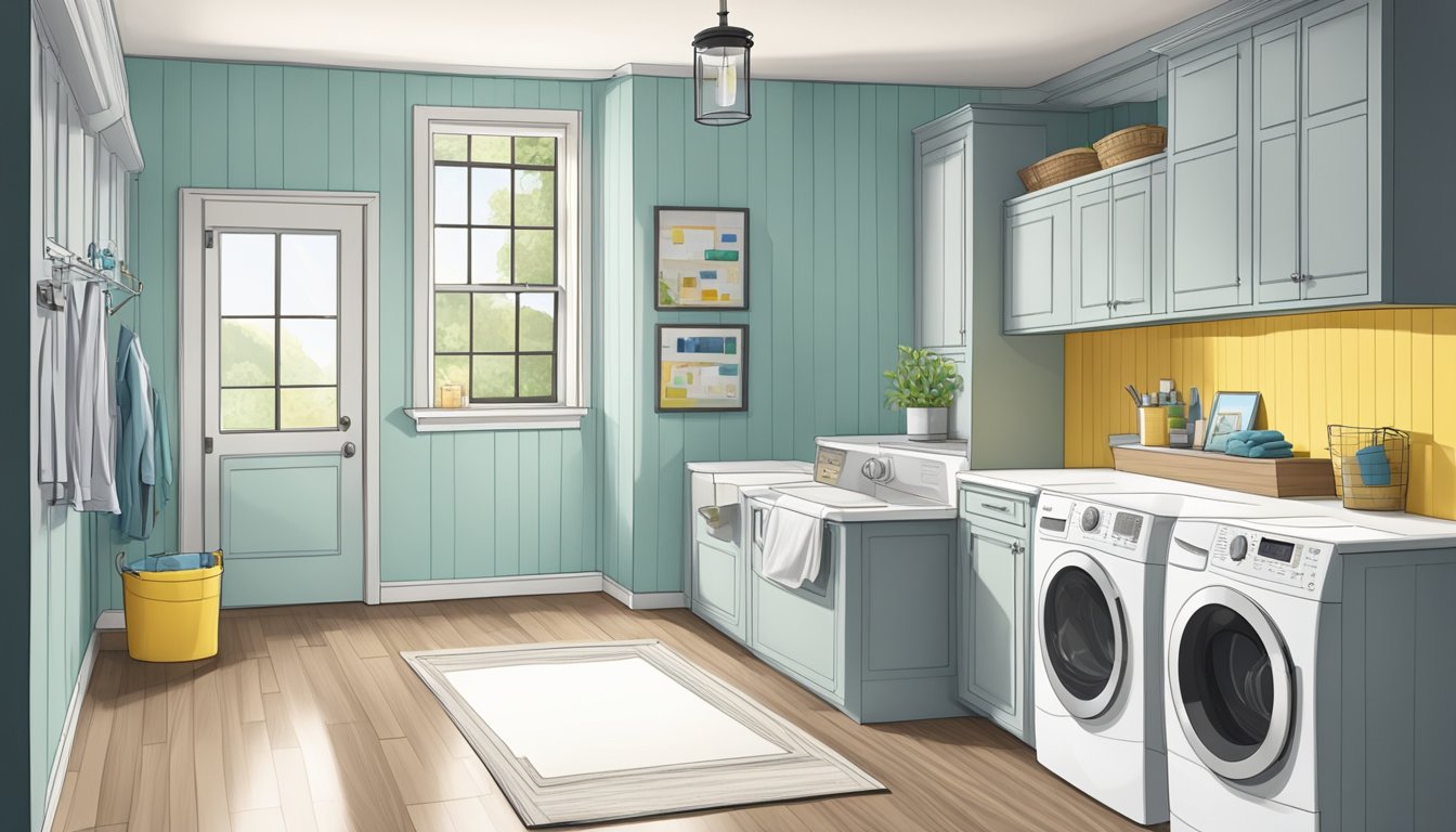 A front load washer sits next to a standard-sized laundry room sink, with a measuring tape stretched across the width and depth of the machine