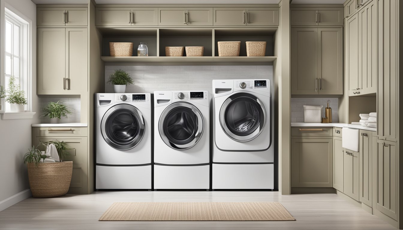 A front load washer with dimensions displayed prominently on the front panel, surrounded by a clean, modern laundry room setting