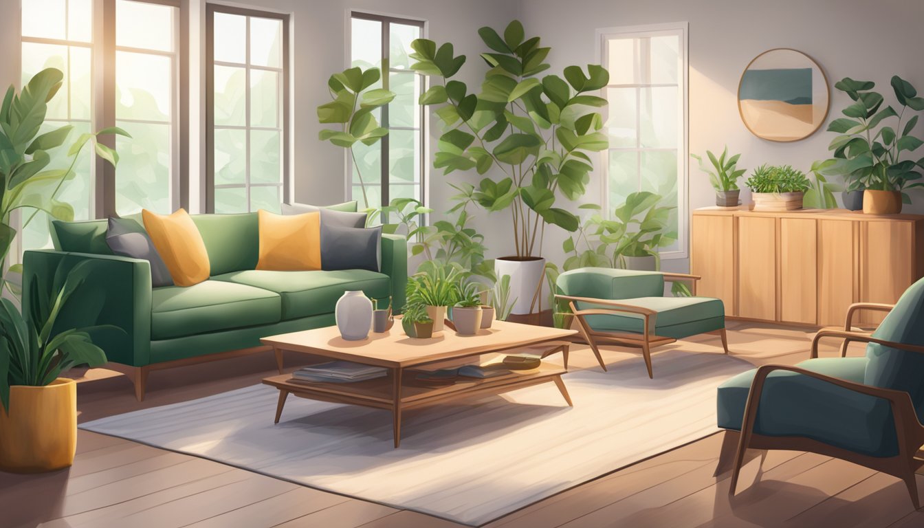 A cozy living room with modern furniture, soft lighting, and lush green plants. A warm and inviting space for relaxation and entertaining