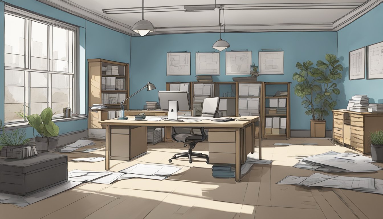 The office is empty, with bare walls and outdated furniture. Blueprints and design plans are spread out on the desk, while a tape measure and paint swatches are scattered around the room