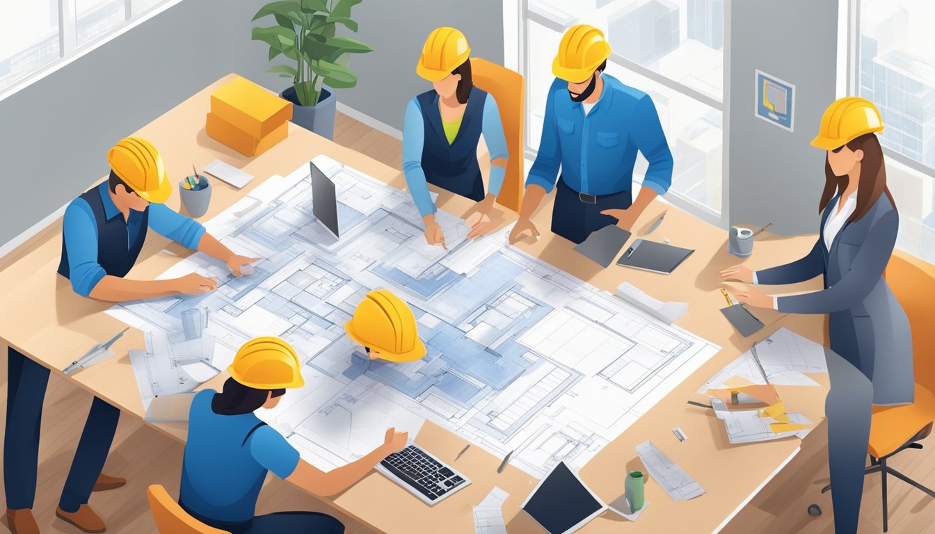 A team of workers measures and plans an office renovation, with blueprints and tools spread out on a large table