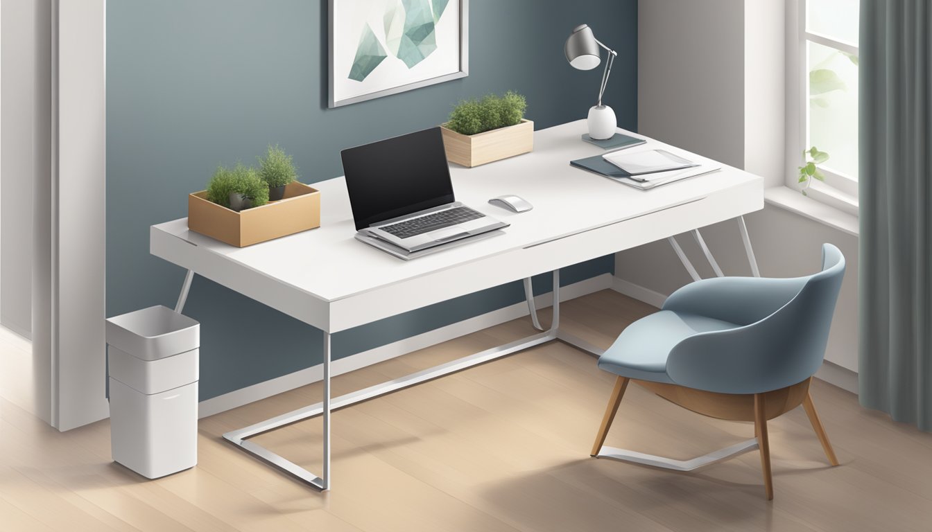 A sleek, modern office table stand with clean lines and a minimalist design, featuring a durable and stylish material such as metal or wood