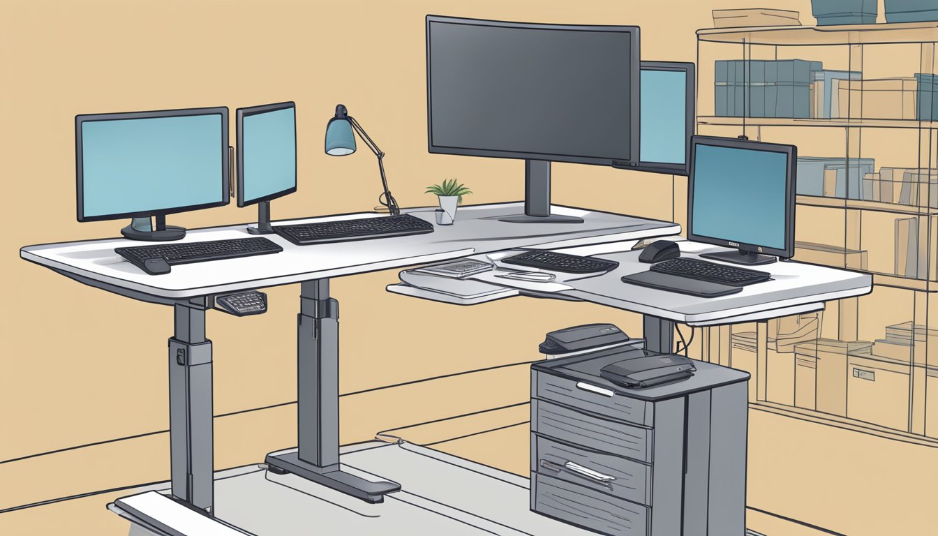 A standing desk with adjustable height, ergonomic keyboard tray, and anti-fatigue mat. Monitor at eye level, with organized cables and a footrest for comfort