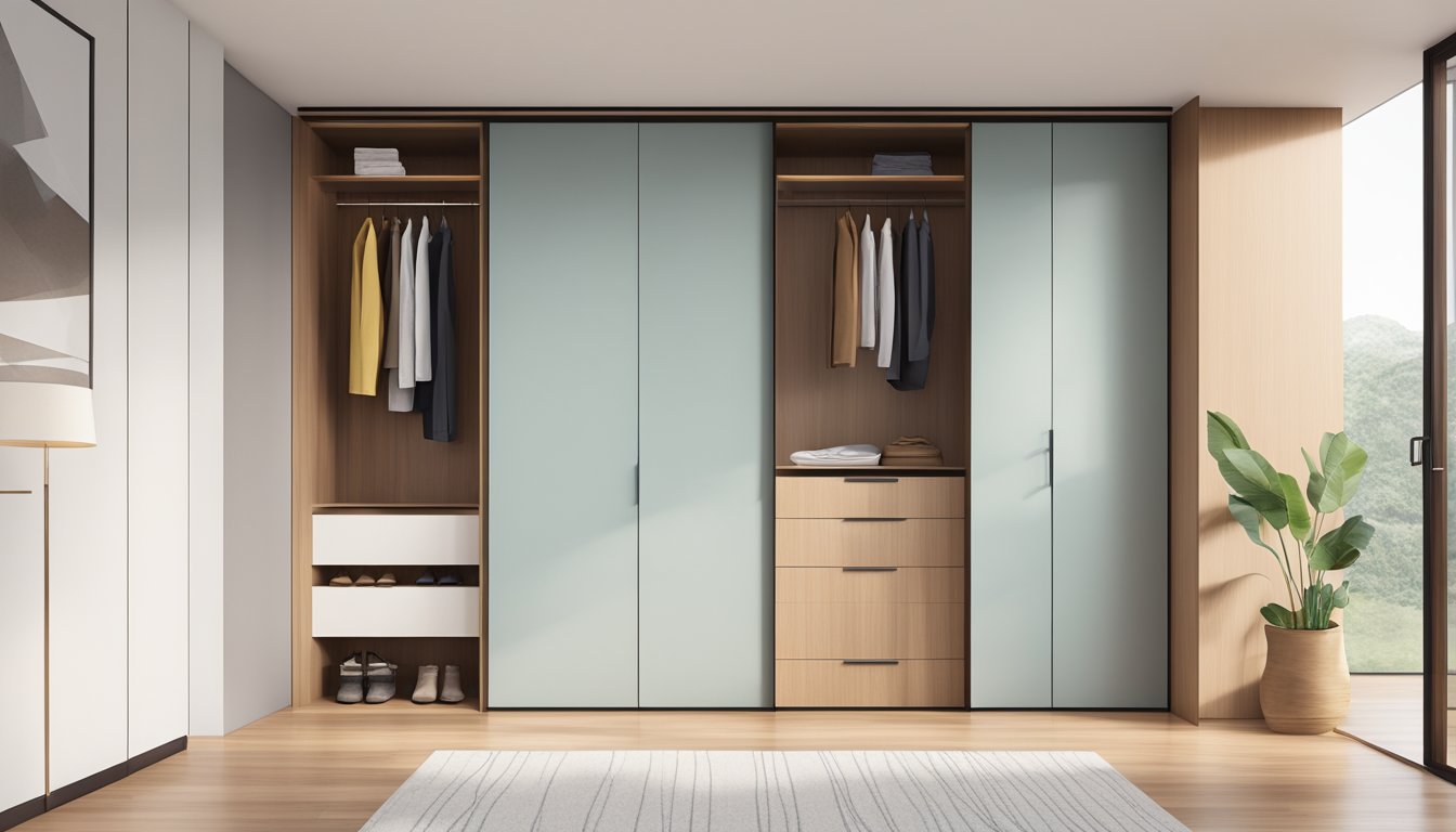 A sleek, modern single door wardrobe in a minimalist Singaporean apartment, with clean lines and a glossy finish, set against a backdrop of light-colored walls and warm wood flooring