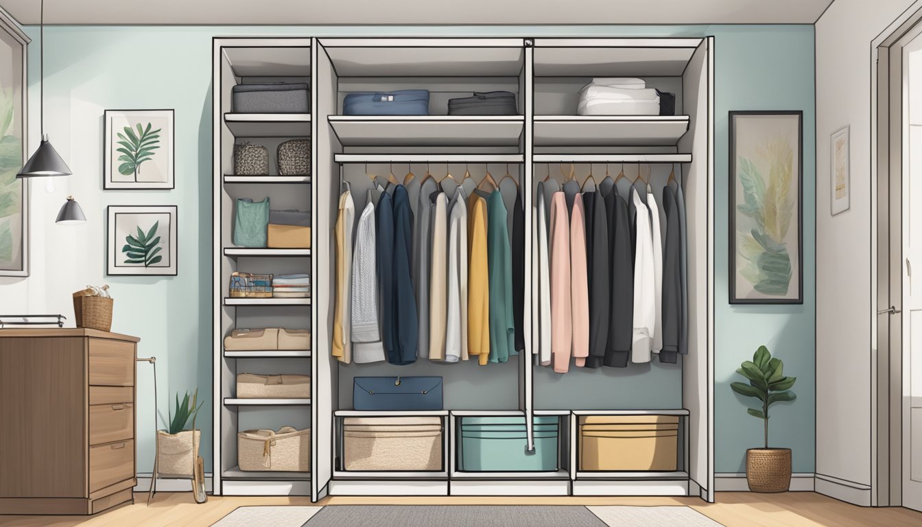 A single door wardrobe in a Singaporean home, with shelves and hanging space, surrounded by neatly organized clothing and accessories