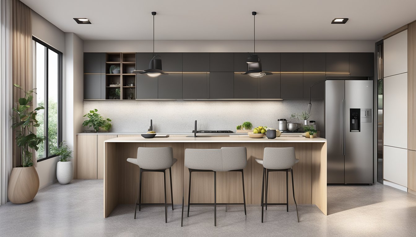 A modern Singapore HDB kitchen with sleek cabinets, granite countertops, and integrated appliances. The space is bright with natural light and features a minimalist design