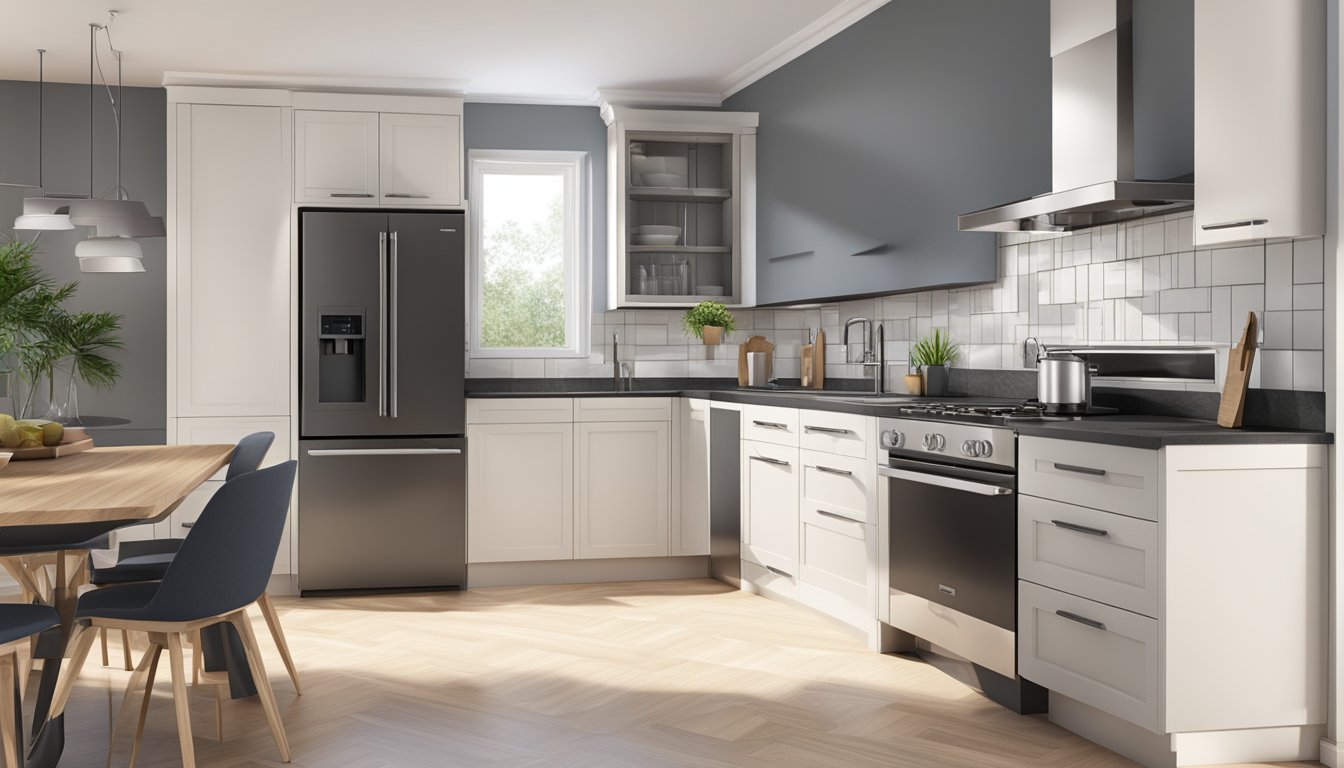 A modern kitchen with sleek cabinets, integrated appliances, and a spacious countertop. The design emphasizes functionality and efficiency in a small space