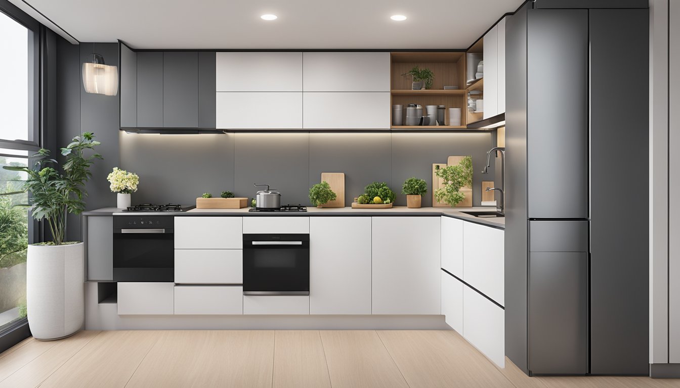 A sleek, modern HDB kitchen with smart storage solutions and minimalist design, maximizing space and style in Singapore