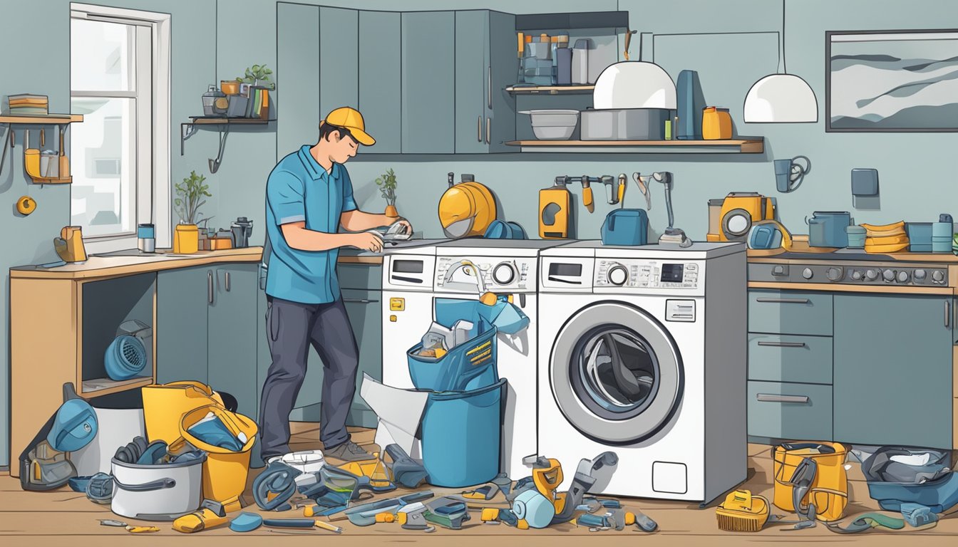 A technician fixing a washing machine with tools and parts scattered around
