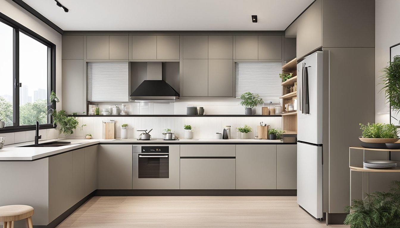 A modern, spacious HDB kitchen in Singapore, featuring sleek cabinets, ample counter space, and integrated appliances. The design is functional and stylish, with a neutral color palette and plenty of natural light