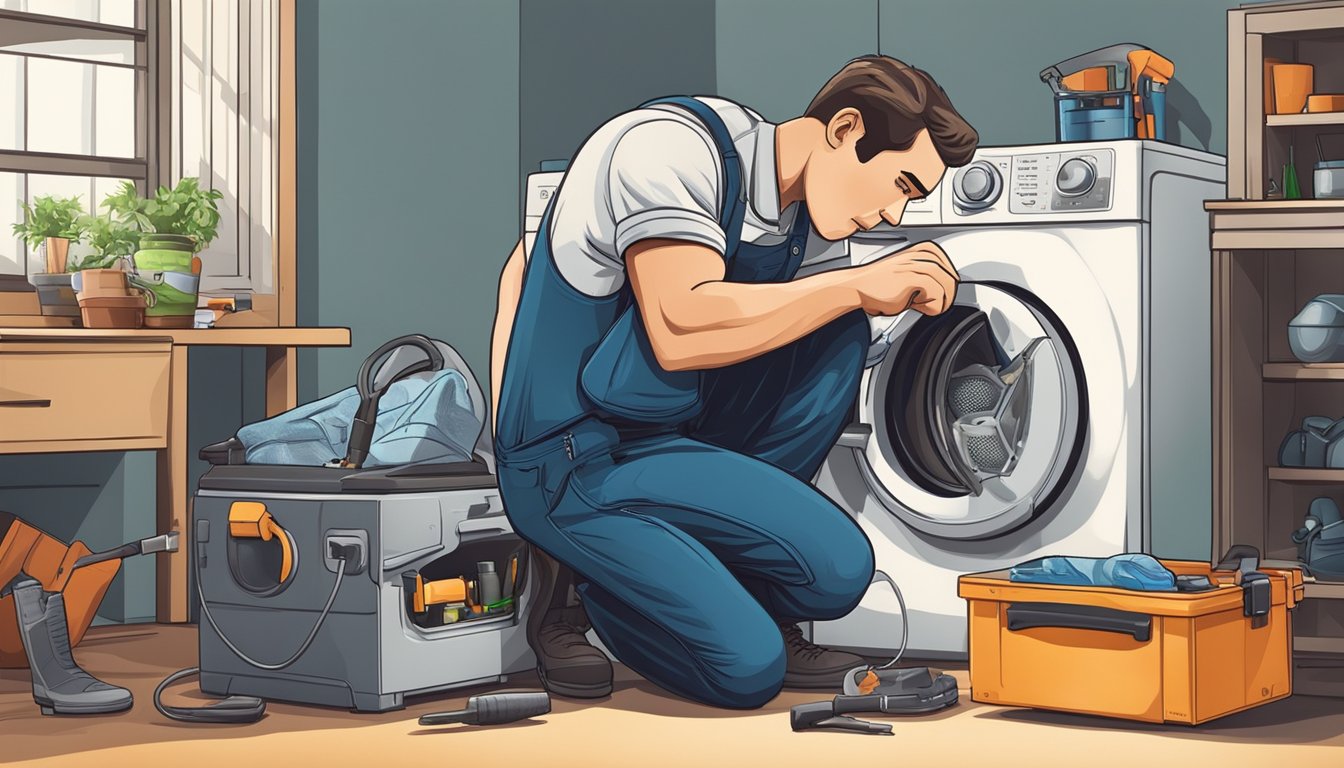 A repairman fixing a washing machine with tools and a toolbox nearby