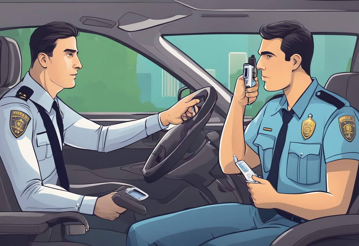 A police officer holds a breathalyzer while a driver refuses to take the test. The officer gestures towards a lawyer, indicating the driver's right to legal representation