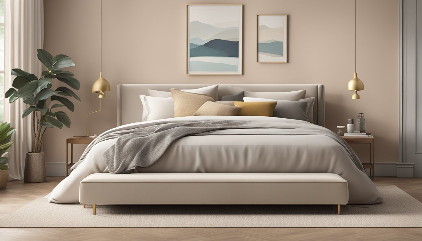 A spacious divan bed, with a sleek and modern design, sits against a backdrop of soft, neutral-colored walls. The bed is adorned with plush pillows and a cozy throw blanket, creating an inviting and comfortable atmosphere