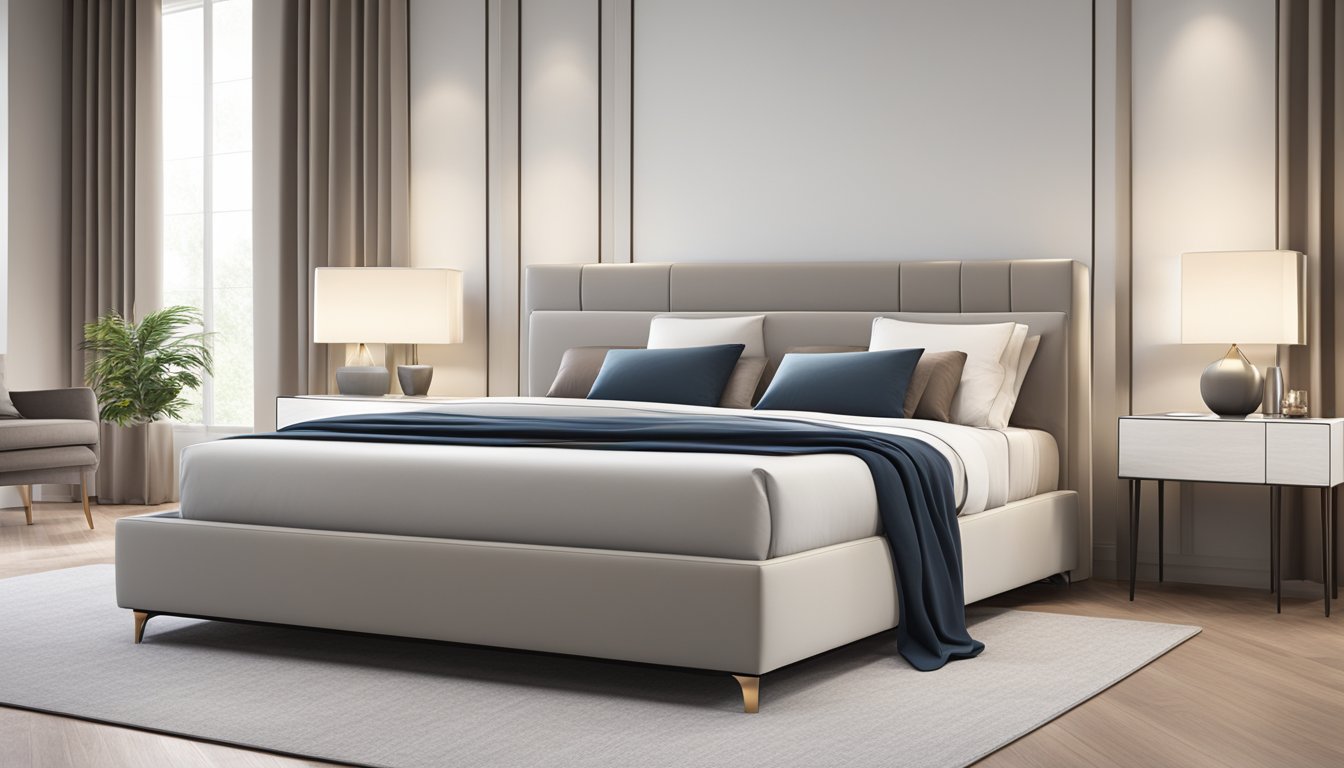 A modern divan bed, with sleek lines and a minimalist design, sits in a spacious, well-lit room. The bed is adorned with luxurious, soft bedding and surrounded by elegant furniture