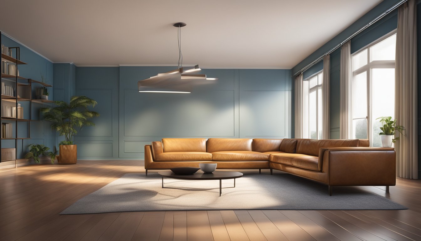 A leather sofa sits in a well-lit room, its smooth surface catching the light