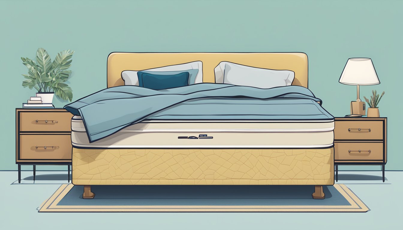 A divan bed with FAQ signage, measuring tape, and a person's feet standing next to it