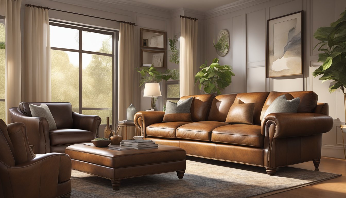 A cozy living room with a sleek, all leather sofa as the focal point. Soft natural light streams in, highlighting the rich, supple texture of the leather
