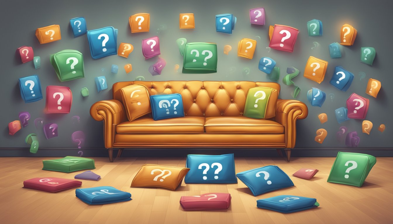 A leather sofa surrounded by question marks, with a "Frequently Asked Questions" sign nearby