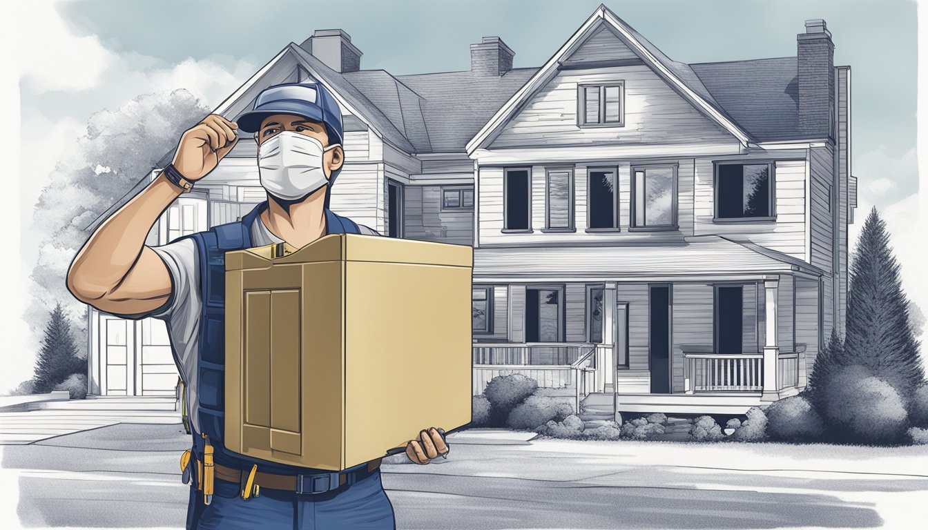 A contractor holds a residential renovation permit, standing in front of a house with a toolbox and blueprints. The house shows signs of construction work in progress