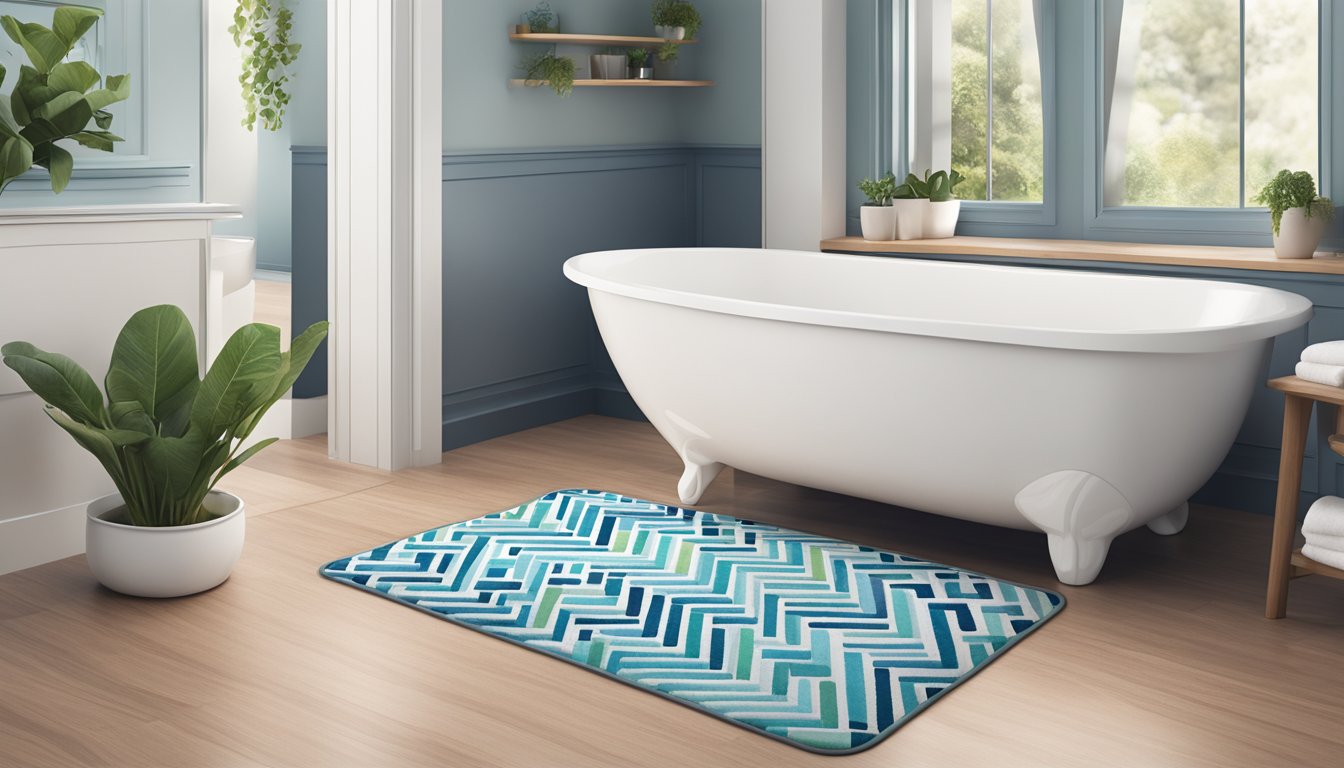 A bathroom mat in Singapore, featuring a colorful pattern and soft, plush texture, placed in front of a sleek, modern bathtub
