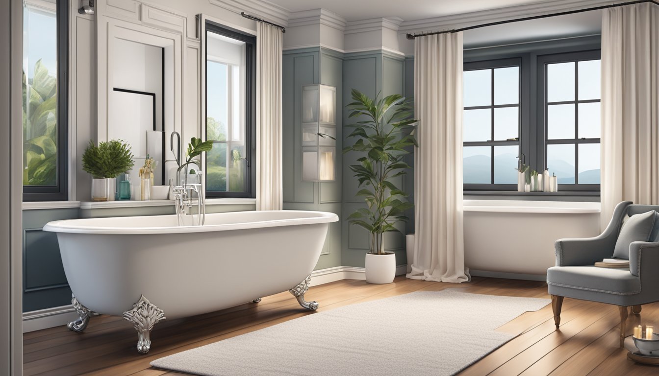 A cozy bathroom with a sleek, modern bath mat in front of a pristine bathtub, complementing the decor and adding a touch of luxury to the space