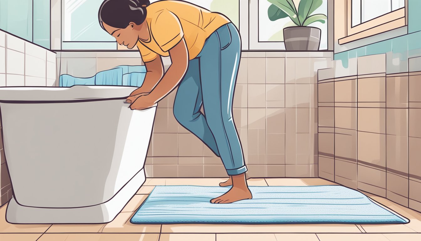 A person placing a new bath mat in the bathroom, carefully adjusting its position and smoothing out any wrinkles