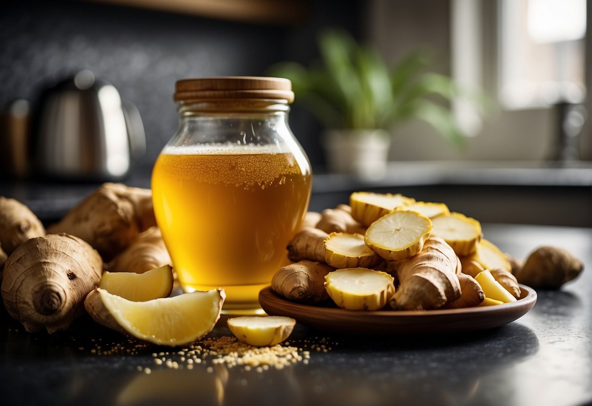 A pile of fresh ginger, a pot of boiling water, and a cup of honey on a kitchen counter