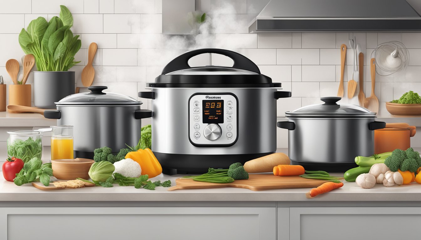A multi cooker sits on a kitchen countertop, surrounded by various ingredients and cooking utensils. Steam rises from the pot as it simmers with a delicious aroma filling the air
