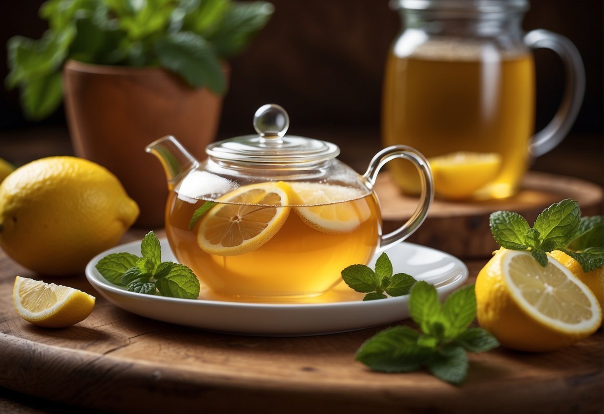 A teapot with freshly brewed ginger tea, surrounded by sliced lemons, honey, and a sprig of mint on a wooden tray